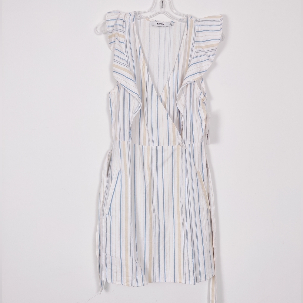 JustFab Women's Striped Ruffle Wrap Mini Dress Size Large NEW Linen Cotton - Picture 4 of 14